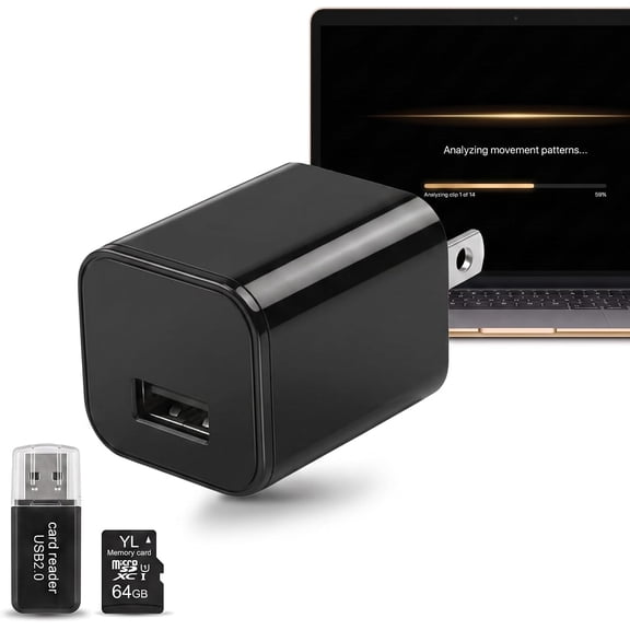Security Camera USB Wall Charger, No WiFi Needed, 1080P HD Indoor Security Camera & Nanny Cam, 64GB SD Card Included, Motion Detection, AI Security App for Home & Office