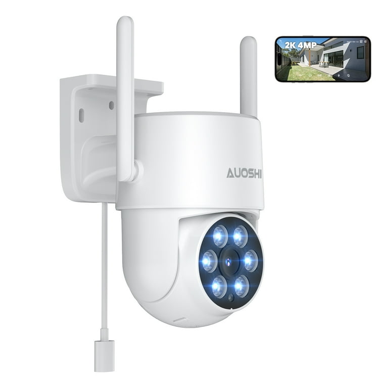 Security Camera Wireless WiFi 4MP, AUOSHI Home Surveillance Cameras Outdoor  360 View, with Spotlight Night Vision, IP65 Waterproof, 2-Way Audio, 2.4G 
