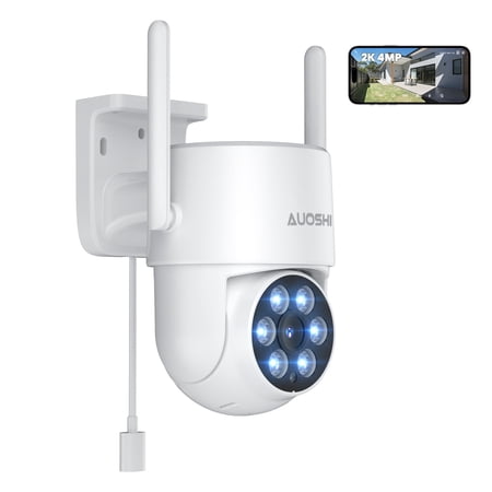 Security Camera Wireless WiFi 4MP, AUOSHI Home Surveillance Cameras Outdoor 360 View, with Spotlight Night Vision, IP65 Waterproof, 2-Way Audio, 2.4G Wifi