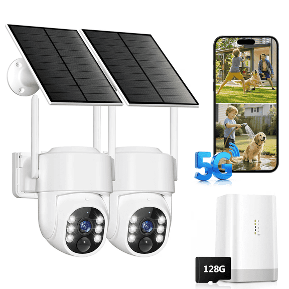 Security Cameras Wireless Outdoor, 5G&2.4G WiFi Cameras for Home Security, No Subscription needed, 2 Cam-Kit,4MP Solar Powered Security Cameras System, 360°PTZ,128GB Local Storage, Color Night Vision