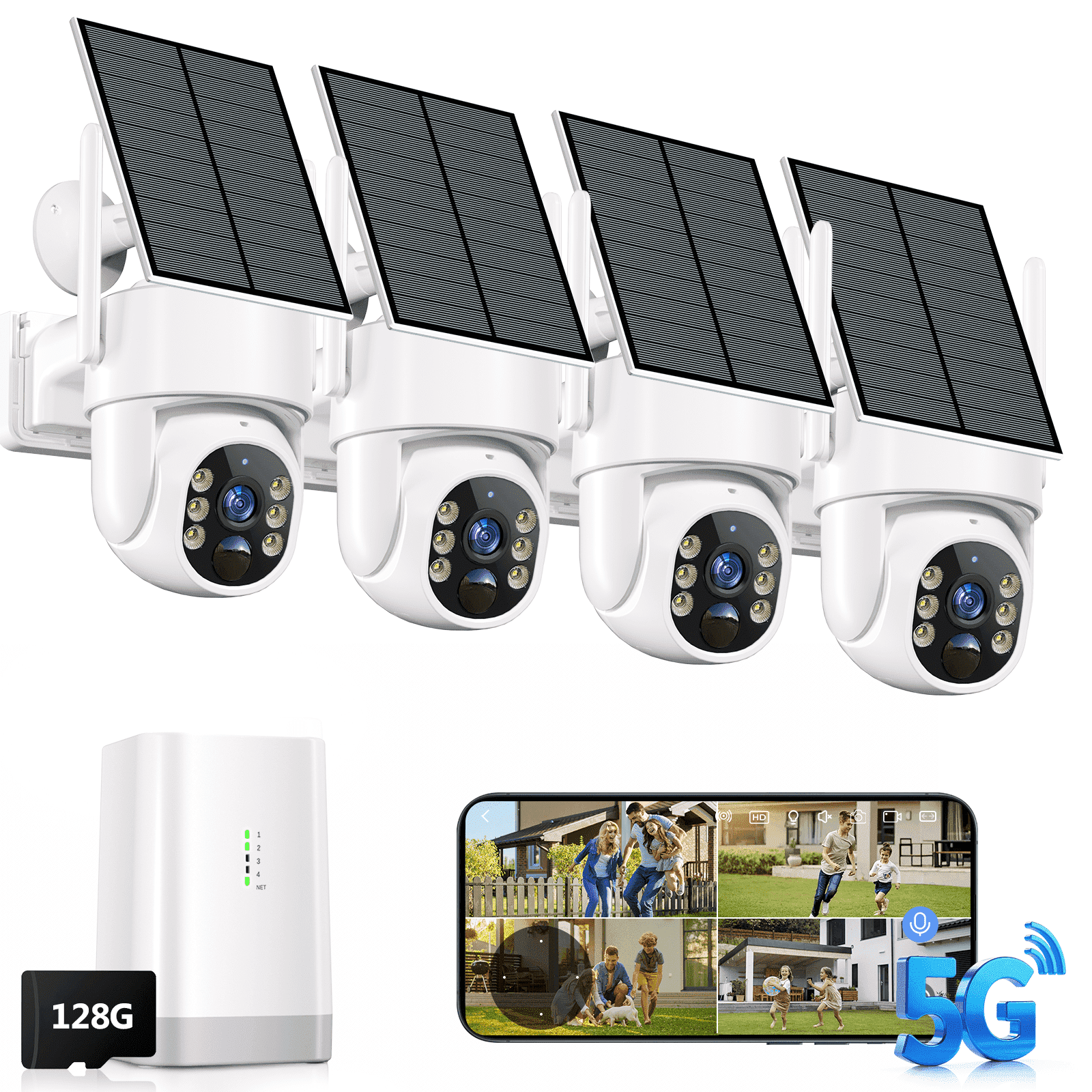 Security Cameras Wireless Outdoor, 5G&2.4G WiFi Cameras for Home Security, No Subscription needed, 4 Cam-Kit,4MP Solar Powered Security Cameras System, 360°PTZ,128GB Local Storage, Color Night Vision