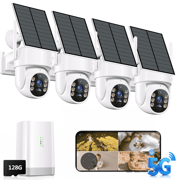 Security Cameras Wireless Outdoor, 5G&2.4G WiFi Cameras for Home Security, No Subscription needed, 4 Cam-Kit,4MP Solar Powered Security Cameras System, 360°PTZ,128GB Local Storage, Color Night Vision