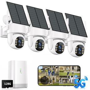 Security Cameras Wireless Outdoor, 5G&2.4G WiFi Cameras for Home Security, No Subscription needed, 4 Cam-Kit,4MP Solar Powered Security Cameras System, 360°PTZ,128GB Local Storage, Color Night Vision