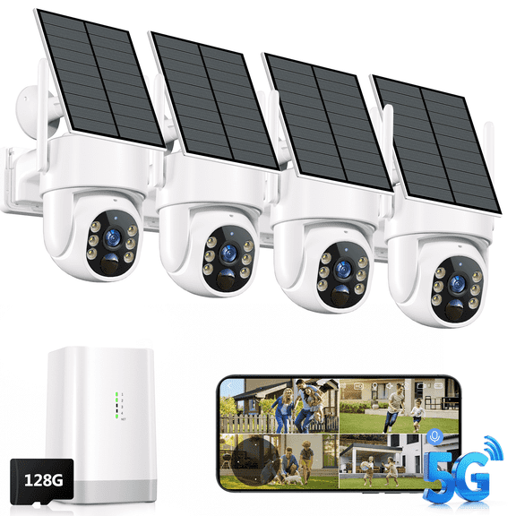 Security Cameras Wireless Outdoor, 5G&2.4G WiFi Cameras for Home Security, No Subscription needed, 4 Cam-Kit,4MP Solar Powered Security Cameras System, 360°PTZ,128GB Local Storage, Color Night Vision