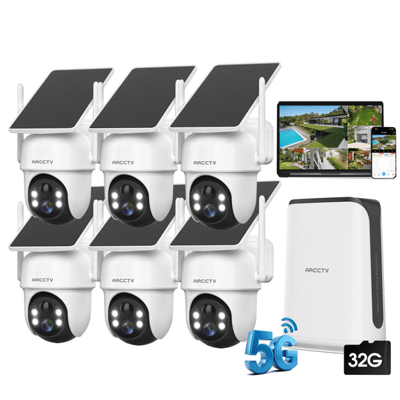 Solar Security Cameras Wireless Outdoor, ARCCTV 2K/4MP Home Security Camera System with NVR No Subscription, 360View Wireless WiFi Camera, 6 Cam-Kit