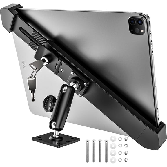 Security Car Tablet Mount, Industrial Heavy Duty Holder with Lock & Key, 360 Swivel Anti-Theft Stand for ELD/Semi Truck/Commercial Vehicle, iPad Pro 12.9 Air 13, 9-14" Devices