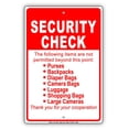 thumbnail image 1 of Security Check Purses Backpacks Diaper Bags Camera Bags Luggage Shopping Bags Not Permitted Notice Aluminum Metal 8"x12" Sign Plate, 1 of 1