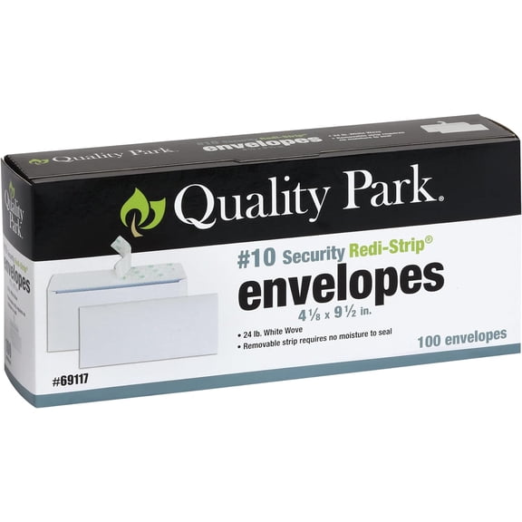 Security Envelopes, No Window, Redi-Strip Self Seal Envelopes, 24-lb White Wove, 4-1/8" x 9-1/2", 100 per Box (QUA69117)