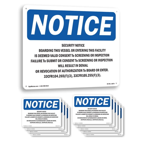 Security Notice Boarding This Vessel Or OSHA Notice Aluminum Sign 10 Inch x 7 Inch - 10 Pack