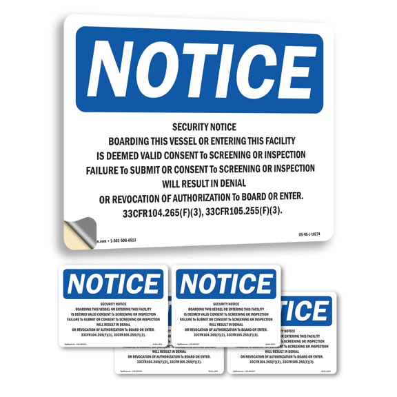 Security Notice Boarding This Vessel Or OSHA Notice Vinyl Decal Label 7 Inch x 5 Inch - 5 Pack