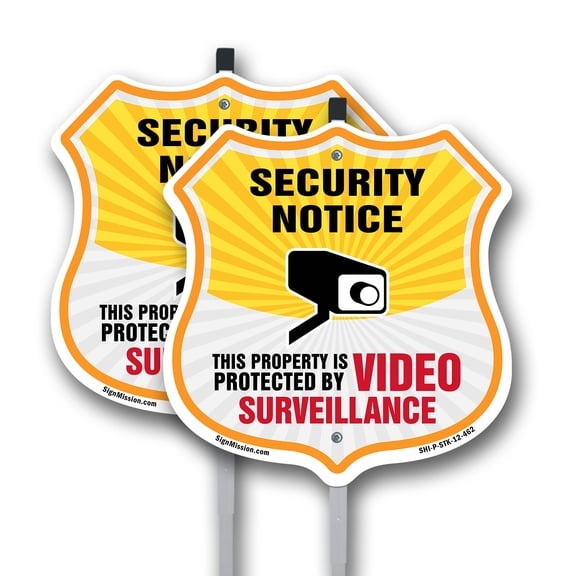 Security Notice Shield Sign This Property Is Protected By Video Surveillance (2 Pack) 12 inch X 12 inch Shield Shaped Commercial Grade Plastic Signs with Aluminum Mounting Stakes
