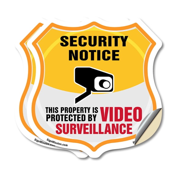 Security Notice Shield Sign This Property Is Protected By Video Surveillance (2 Pack) 6 inch X 6 inch Shield Shaped Heavy Duty 3.2 mil Vinyl Decals Weather Resistant Made in the USA