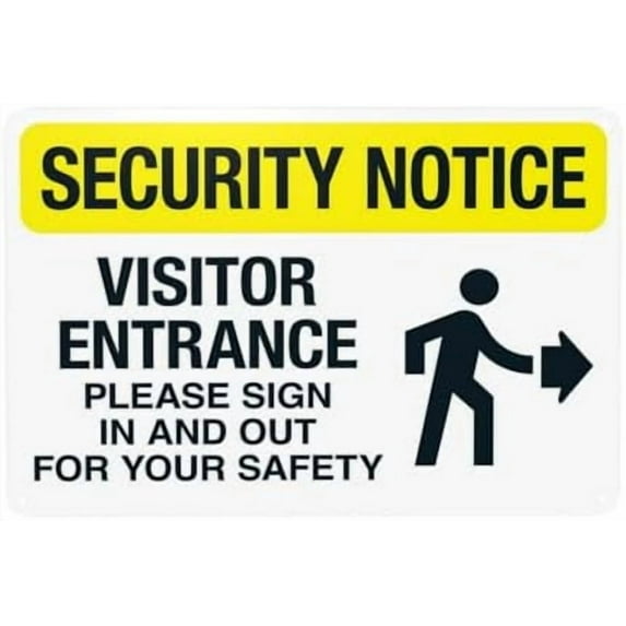 Notice Visitor Entrance Please Sign In And Out With Right Arrow Warning Sign, Notice Metal Signs for Home Business Garage Wall Caution Custom Decor 12 x 8 Inch