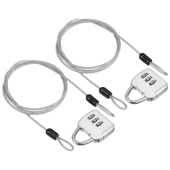 Uxcell 2Set 3Digit Combination Padlock Steel Security Cable 3.3' Travel Lock Silver