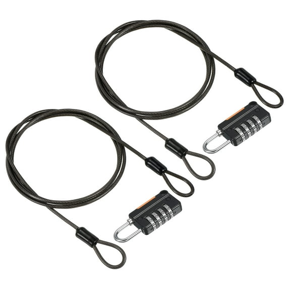 Security Steel Cable with 4 Digit Combination Lock, 2 Set 1.6Ft Coated Safety Wire Rope Double Loop Padlock, Black
