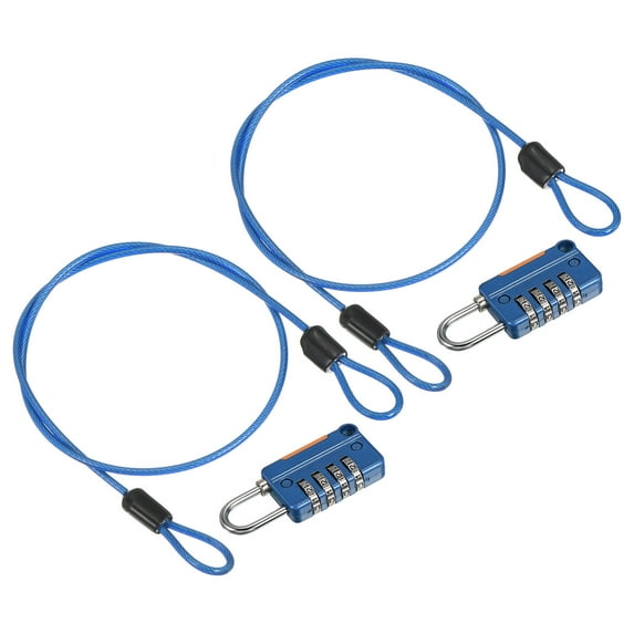 Security Steel Cable with 4 Digit Combination Lock, 2 Set 1.6Ft Coated Safety Wire Rope Double Loop Padlock, Blue
