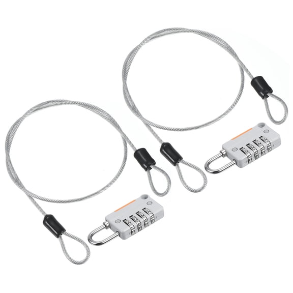 Security Steel Cable with 4 Digit Combination Lock, 2 Set 1.6Ft Coated Safety Wire Rope Double Loop Padlock, Gray
