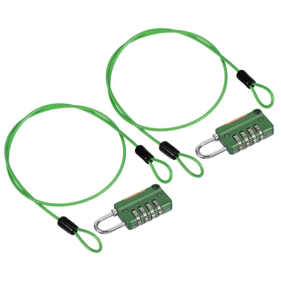 Security Steel Cable with 4 Digit Combination Lock, 2 Set 1.6Ft Coated Safety Wire Rope Double Loop Padlock, Green
