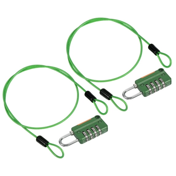 Security Steel Cable with 4 Digit Combination Lock, 2 Set 1.6Ft Coated Safety Wire Rope Double Loop Padlock, Green