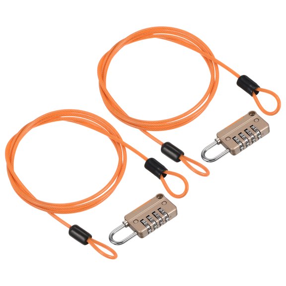 Security Steel Cable with 4 Digit Combination Lock, 2 Set 3.3Ft Coated Safety Wire Rope Double Loop Padlock, Yellow
