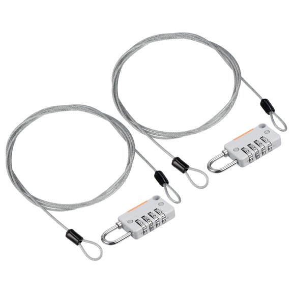 Security Steel Cable with 4 Digit Combination Lock, 2 Set 4.9Ft Coated Safety Wire Rope Double Loop Padlock, Gray