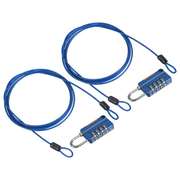 Security Steel Cable with 4 Digit Combination Lock, 2 Set 6.6Ft Coated Safety Wire Rope Double Loop Padlock, Blue