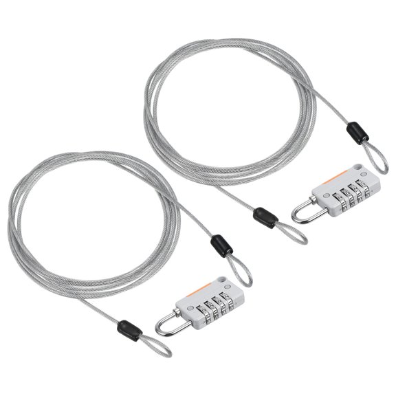 Security Steel Cable with 4 Digit Combination Lock, 2 Set 6.6Ft Coated Safety Wire Rope Double Loop Padlock, Gray