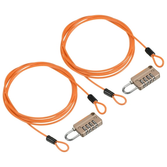 Security Steel Cable with 4 Digit Combination Lock, 2 Set 6.6Ft Coated Safety Wire Rope Double Loop Padlock, Yellow