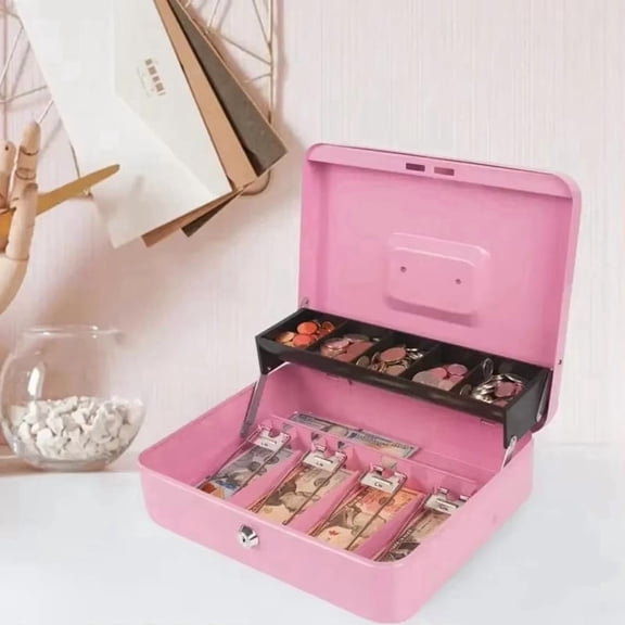Security Storage Box Lockable Metal Cash Box with Cash Tray Capacity Multi Compartment Portable Home Safe C,1 * Piggy Bank,Pink