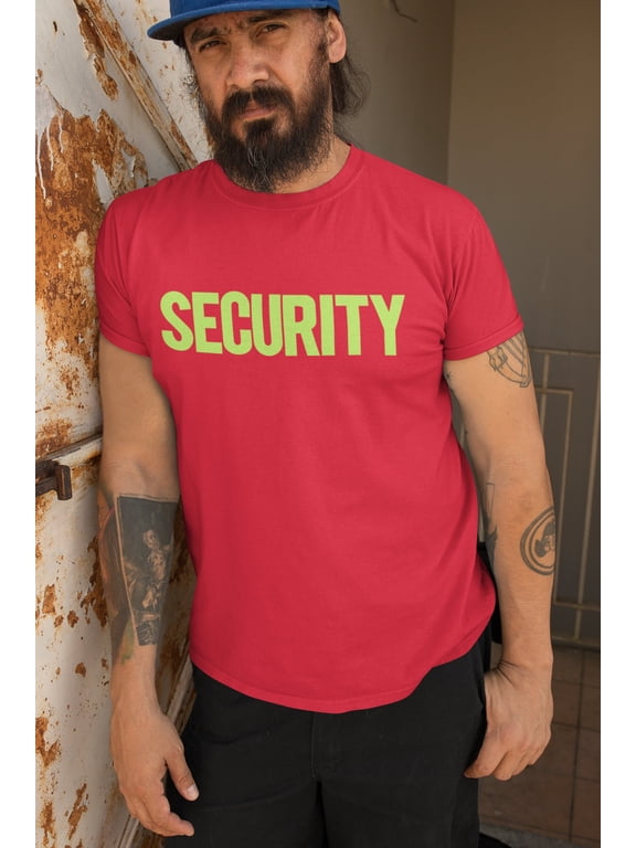 Security T-Shirt Front Back Print Men's Tee Red & Neon, Medium