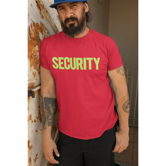 Security T-Shirt Front Back Print Men's Tee Red & Neon, Small