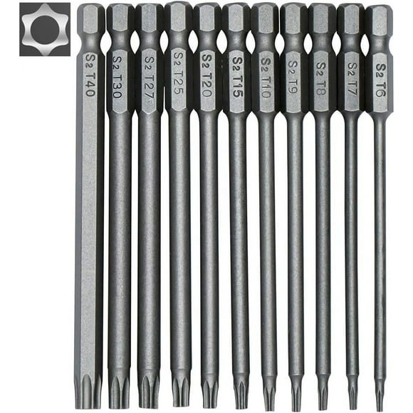 Security Torx Bit Set, Industrial Grade Quality S2 Steel Material Tamper Proof Star Bit for Quick Release Hex Shank Screwdriver, Impact Long Torx Bit Set 11Pcs for Wide Application