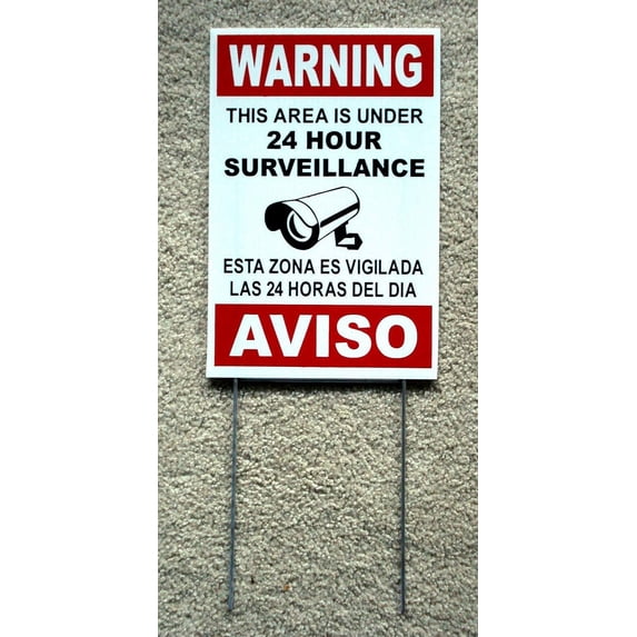 Security Video Surveillance Warning 24 Hr Sign 8x12 Spanish English w/Stake Funny Retro Vintage Business Nostalgic Signs