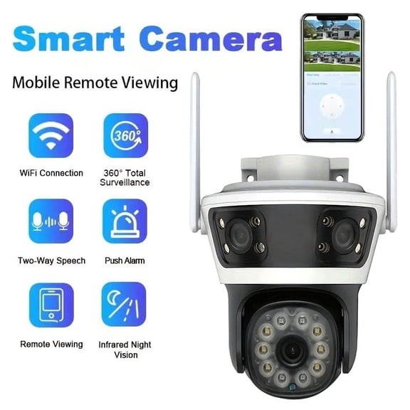 Security WiFi Camera Outdoor with Three Lens,24/7 Recording,3-Mode Night Vision,Auto Tracking 360 View Home Security Camera,2-Way Audio