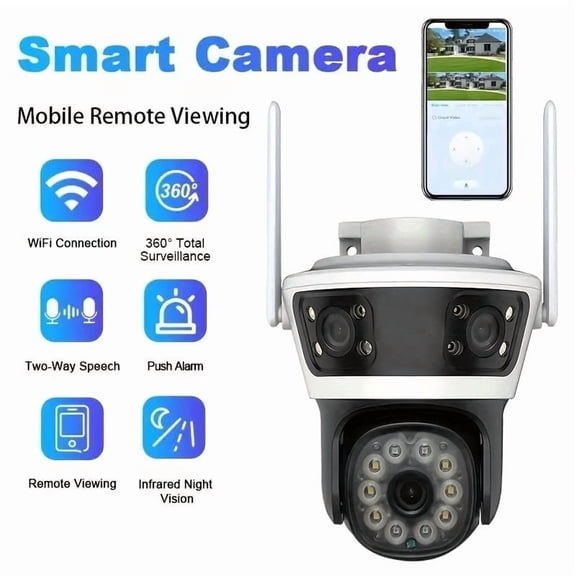 Security WiFi Camera Outdoor with Three Lens,24/7 Recording,3-Mode Night Vision,Auto Tracking 360 View Home Security Camera,2-Way Audio