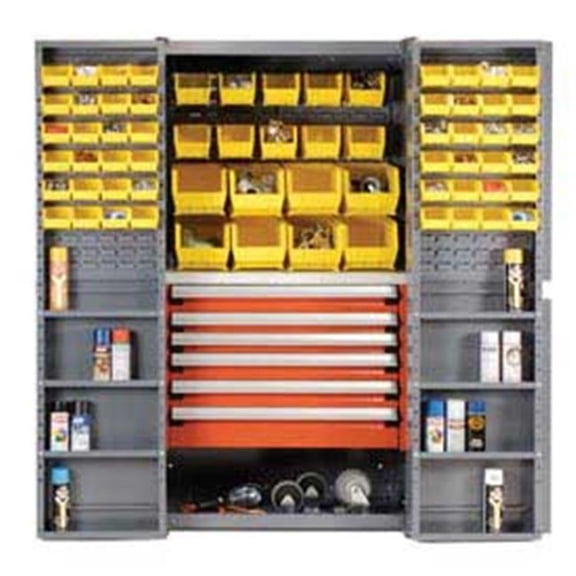 Security Work Center & Storage Cabinet with Shelves - 6 Drawers & 68 Yellow Bins