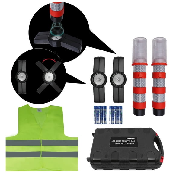 Securityman LED Road Flares (DOT Approved 2 Pack) for Roadside Emergency & Hazard Light Kit for Warning Traffic | Magnetic Base, Waterproof Case, Safety Vest for Cars and Trucks