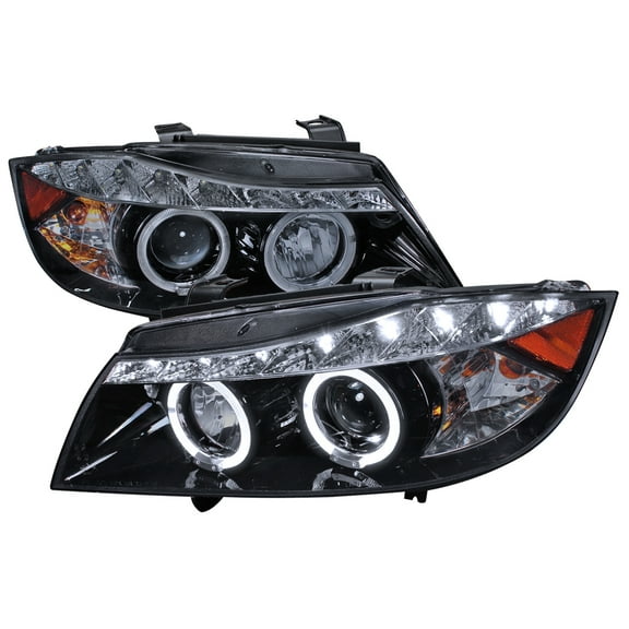 Sedan Dual Halo Projector Headlights w/ LED Light Strip (Black Housing/Smoke Lens) Made for and Compatible with 2006-2008 BMW E90 3 Series