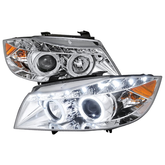 Sedan Dual Halo Projector Headlights w/ LED Light Strip (Chrome Housing/Clear Lens) Made for and Compatible with 2006-2008 BMW E90 3 Series
