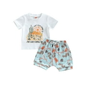 Sedceaty Baby Girls Summer Outfit Cactus Print Short Sleeved T-shirt and Elastic Casual Drawstring Shorts Set