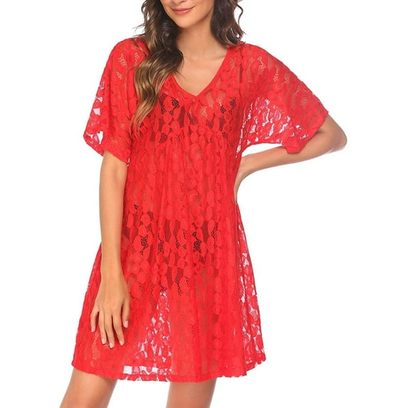 Sedceaty Female Beach Dress, Solid Color V-Neck Short Sleeve Bikini Covers See-Through Dress for Summer, Black/Red/White