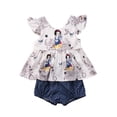 thumbnail image 1 of Sedceaty Girls Fashion Suit Flying Sleeve Round Neck Cartoon Character Printed Top Polka Dot Loose Shorts Set, 1 of 7