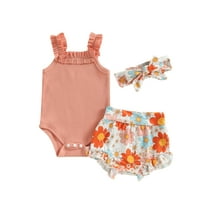 Sedceaty Newborn Infant Baby Girls Summer Clothes Set,0-18 Months Sleeveless Flower Print Romper and Shorts with Hairband 3Pcs Outfits