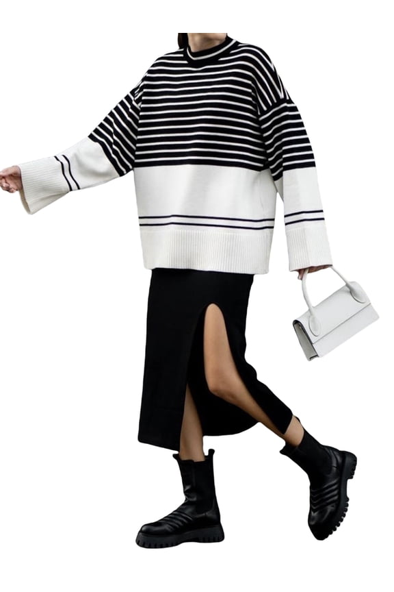 Women Fashion Wild Sweater Stripe Mock Neck Long Sleeve Loose Pullovers Autumn Winter Casual Knitted Tops
