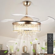 Sedeke 42 Ceiling Fans with Light, Gold Retractable Crystal Chandelier Fan, Reversible, Remote Control, Dimmable Ceiling Light Kits for Dining Living Room, Bedroom