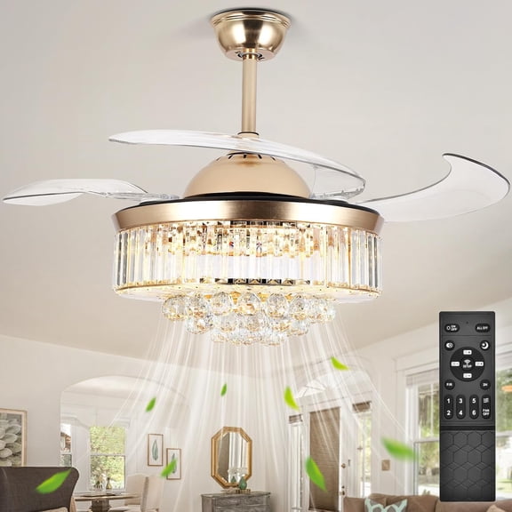 Sedeke 42'' Ceiling Fans with Light, Gold Retractable Crystal Chandelier Fan, Reversible, Remote Control, Dimmable Ceiling Light Kits for Dining Living Room, Bedroom