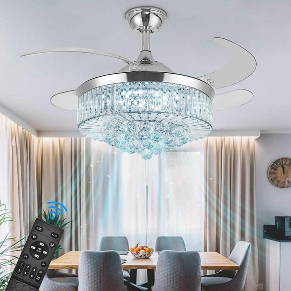 Sedeke 42'' Ceiling Fans with Light, Silver Retractable Crystal Chandelier Fan, Reversible, Remote Control, Dimmable Ceiling Light Kits for Dining Living Room Silver