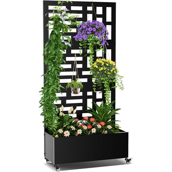Sedeke 71"x 35"x 16" Metal Planter Box with Trellis, Raised Garden Bed with Trellis & Wheels, Privacy Planters for Patio, Planter Box with Drainage Holes