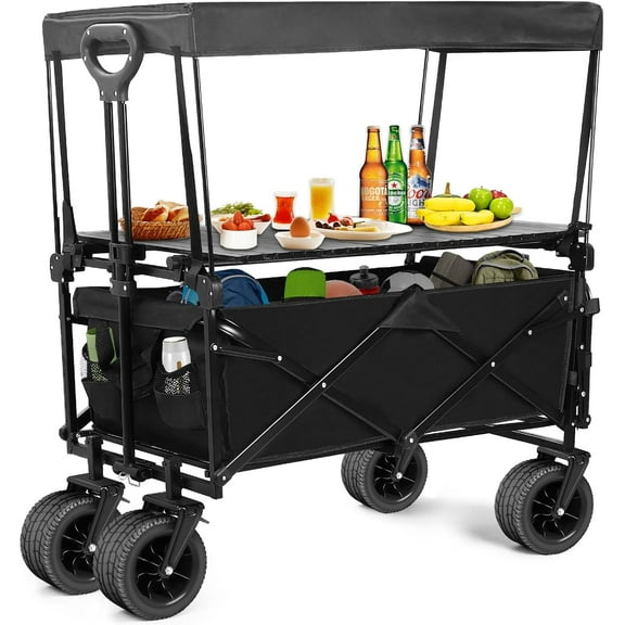 Sedeke Collapsible Wagon with Table and Canopy, Large Capacity Wagons Carts, Beach Wagon with Big Wheels, Heavy Duty Beach Car Utility Wagon