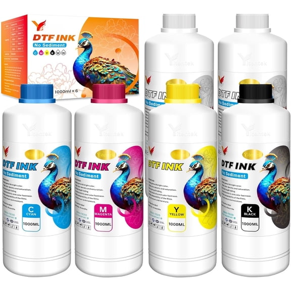 No Sediment DTF Ink 6000ML, DTF Transfer Ink for PET Film, Ink Refill for P600 P800 DX5 XP600 4720 i3200 i1600 5113. High Fluidity, Whiteness & Coverage (1000ml x 6, 2Wh+CMYK)
